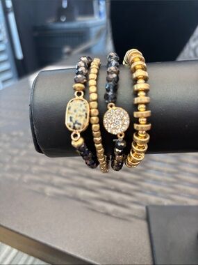Gold and Black Beaded Stack Bracelet Set with Pavé Accent